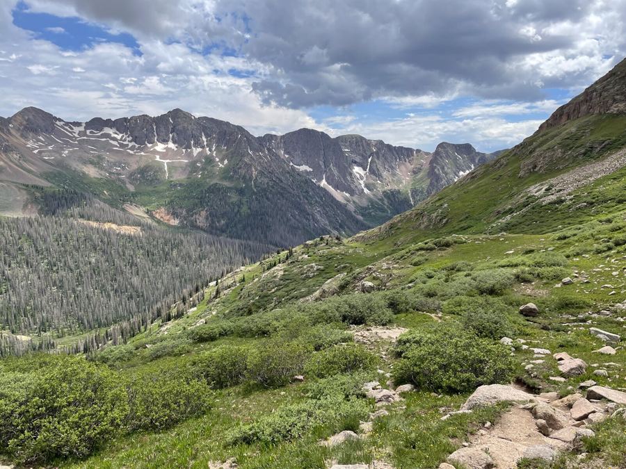 A long ridge of grey peaks above a green valley and a slope of willows and scattered rock