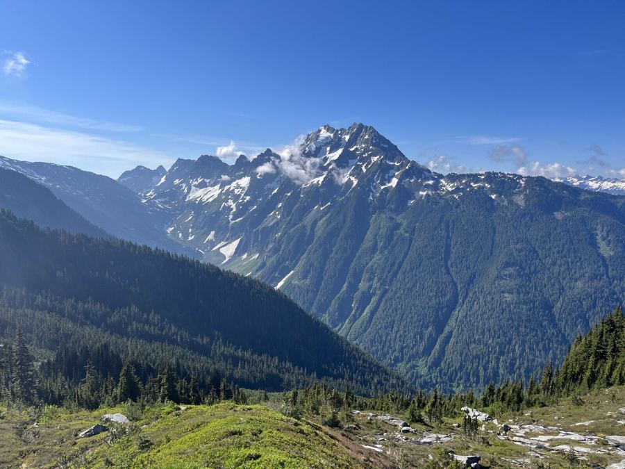 A snow-streaked peak under blue sky, a green alpine slope in the foreground